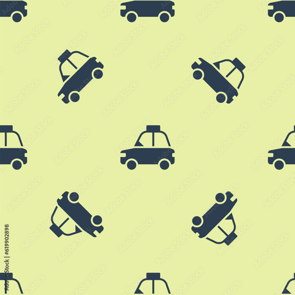 Sticker Blue Pet car taxi icon isolated seamless pattern on yellow background. Vector