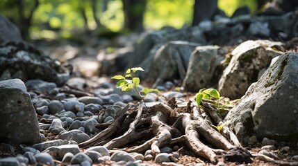 Stones and old tree roots on the ground Generative AI