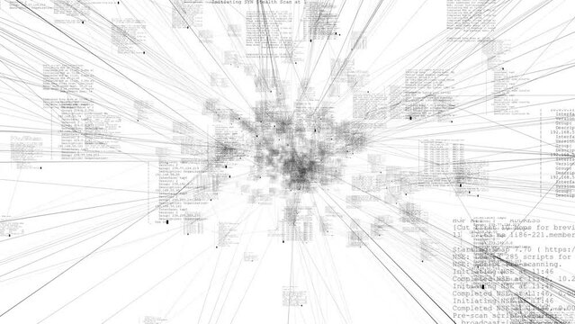 Visualization of a hacker's dive into the deep Internet. Black and white composition.