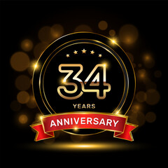 34 year anniversary logo with a gold emblem shape and red ribbon, logo template vector