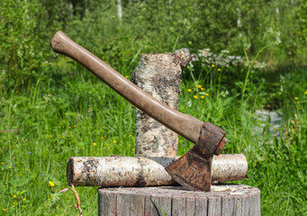 An axe with a wooden handle is stuck into the trunk of a tree on a clear sunny day in close-up. An axe at close range against a background of blurred trees. Harvesting of firewood.