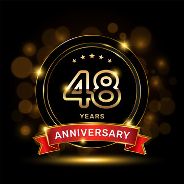 48 year anniversary logo with a gold emblem shape and red ribbon, logo template vector
