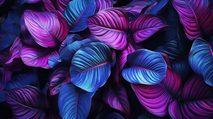 Tropical leaves in bright purple and blue Generative AI