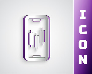 Paper cut Mobile stock trading concept icon isolated on grey background. Online trading, stock market analysis, business and investment. Paper art style. Vector