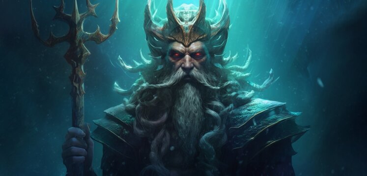 The concept of the symbolism of the planets in Astrology. Old man with a staff in the sea waves as the king of the underwater kingdom, a symbol of the planet Neptune