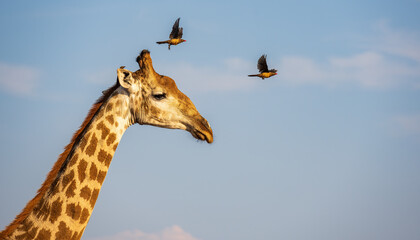 Two oxpeckers flying off a giraffe's head