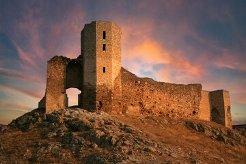 Escape tower in the wilderness at sunset. Biblical concept.