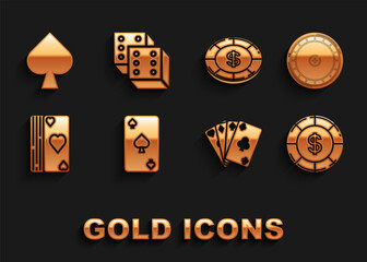 Set Playing card with spades symbol, Casino roulette wheel, chip dollar, cards, Deck of playing, and Game dice icon. Vector