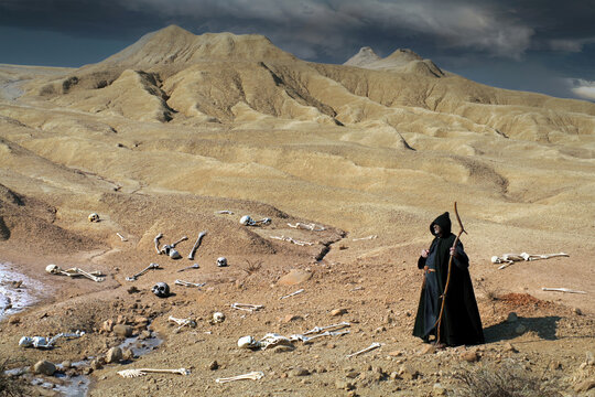 Prophet Ezekiel in the Valley of Dry Bones. Biblical concept of resurrection.