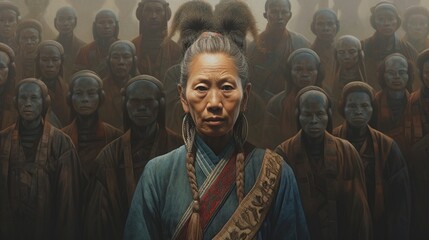 Concept: family, tribe and clan, family tree, genes, DNA, family history, family values. Asian woman stands against the background of her fellow tribesmen. AI generated