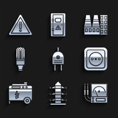 Set Electric plug, Ampere meter, multimeter, voltmeter, Electrical outlet, Portable electric generator, LED light bulb, Power station plant and factory and Exclamation mark triangle icon. Vector