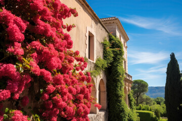 A pink blooming bougainvillea liana covers the sandstone mansion.