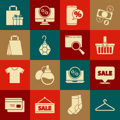 Set Hanger wardrobe, Hanging sign with Sale, Shopping basket, Percent discount and phone, Earring, Paper shopping bag, Gift box and Search browser window icon. Vector