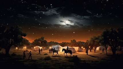Fototapeta na wymiar a horizontal of a Cowboys, Cowgirls celebrating under a western sunset, starry sky in a Western-themed JPG format. Generative AI