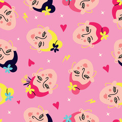 Pink vibrant pattern with comical girly faces
