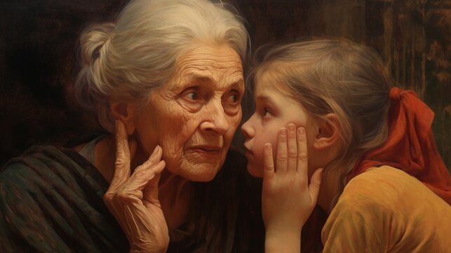 Grandmother and granddaughter share family secrets, tell rumors and legends of their kind. Concept: family tree, genes, dna. Retro style vintage, Generated by AI