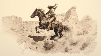 a horizontal layout, of a Cowboy, Cowgirl on a galloping horse in a Fredrick Remington-style composition in a Western-themed JPG format. Generative AI