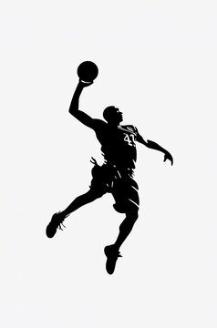 a black ink brush painting of a silhouette of basketball player