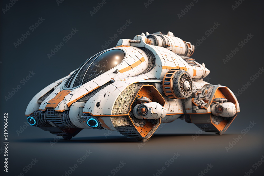 Poster wondrous high-speed small sci-fi spaceship racer with powerful engine for interstellar travel and sp