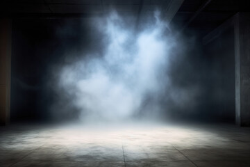 Fototapeta na wymiar Light in the darkness. Room with concrete floor and smoke with light from the top. generative ai