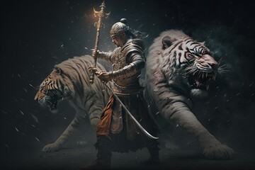 man with obscured face holding sword and fighting tigers, Generative AI