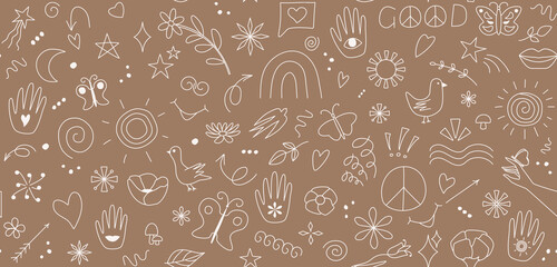 Hippie groovy background Seamless pattern Doodle style Backdrop for party decoration White outline design Hand drawn vector illustration isolated