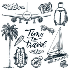 Time to travel calligraphy lettering and summer vacation design elements set. Vector doodle sketch illustration