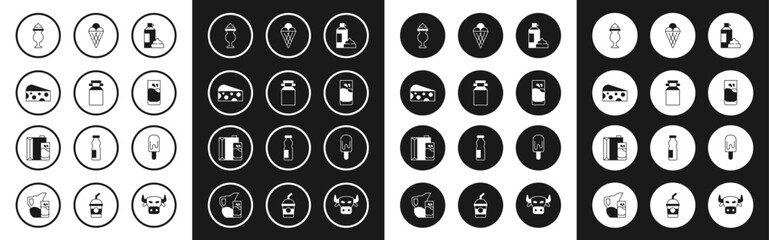 Set Whipped cream in bottle, Can container for milk, Cheese, Milkshake, Glass with, Ice waffle cone, and Paper package icon. Vector