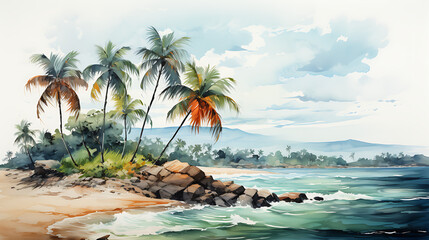 Watercolor beach with palm tree nature illustration landscape