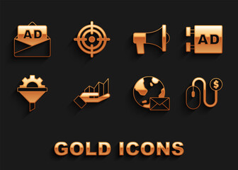 Set Pie chart infographic, Advertising, Earth globe with mail, Sales funnel gear, Megaphone, and Target icon. Vector