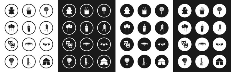 Set Lollipop, Paper glass with drinking straw and water, Balloons ribbon, Ghost, Firework rocket, Magician hat rabbit ears, Carnival garland flags and Comedy theatrical masks icon. Vector