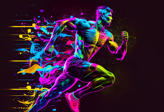 A running athlete drawn in a flow of different lines and multi-colored paints