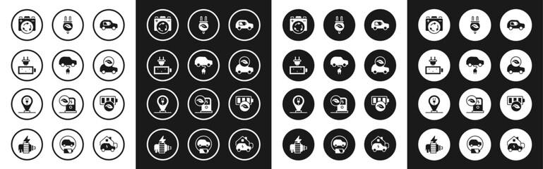 Set Electric car, Battery charge, with recycle symbol, Eco, saving plug in leaf, nature battery and Charging parking electric icon. Vector