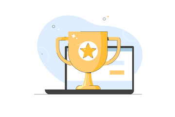 Prizes and winners. Medals for first place. Laptop with cup. Rewards Program and Earn Rewards. Concept earn loyalty reward, bonus, business. Vector flat illustration