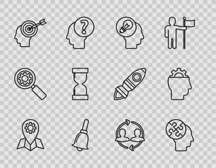 Set line Location job, Human head puzzles strategy, with lamp bulb, Ringing bell, Head hunting concept, Old hourglass flowing sand, resources and gear inside icon. Vector