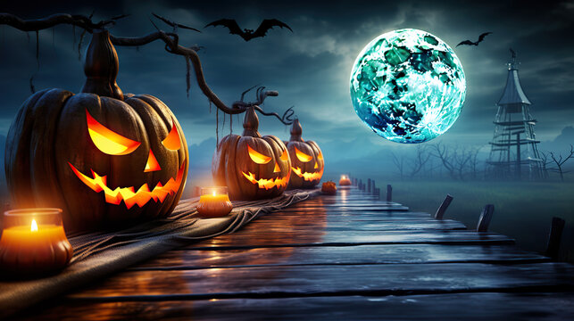 Moonlit Magic Enchanting Halloween Scene with Glowing Jack O' Lanterns in the Spooky Night. created with Generative AI