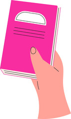 Hand hold book icon. Concept of literature, dictionaries, encyclopedias. Hand with planners with bookmarks in doodle style.