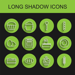 Set line Brownie chocolate cake, Bread loaf, Muffin, Cupcake, Cereals with rice, wheat, corn, oats, rye, Oven, Roll bun cinnamon and Scales icon. Vector