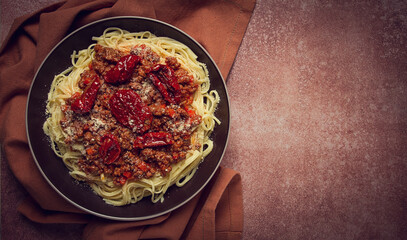 spaghetti bolognese, with dried tomatoes, homemade, close-up ,
