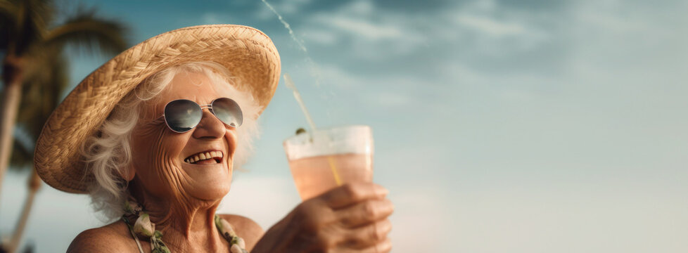 elderly woman in a hat with gray hair, 70-80 years old, holding a glass with a cocktail against the sky, space for text, generated by ai