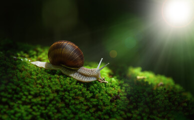 Snail crawling on the green moss in the forest with sunshine. Shallow depth of field