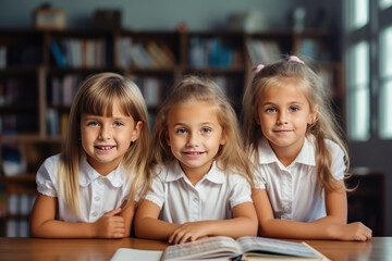 Fototapeta na wymiar Three little caucasian blonde girls sitting at the desk, elementary school students smiling, posing and looking at camera