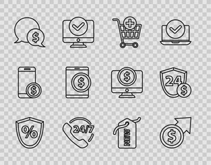 Set line Loan percent, Financial growth and coin, Add to Shopping cart, Telephone 24 hours support, Speech bubble with dollar, Tablet, Price tag New and Shield icon. Vector