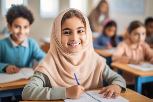 Smiling arabic schoolgirl sitting at desk in elementary school classroom, writing in notebook, posing and looking at camera. Multi ethnic classmates in the background