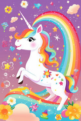 Cute unicorn cartoon with rainbow