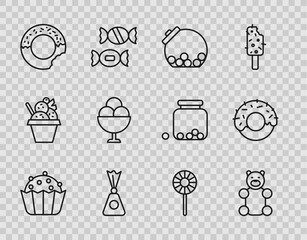 Set line Cupcake, Jelly bear candy, Glass jar with candies inside, Candy, Donut, Ice cream bowl, Lollipop and icon. Vector