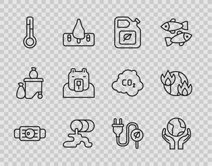 Set line Medical protective mask, Bio fuel canister, Barrel oil leak, Meteorology thermometer, Polar bear head, Electric saving plug leaf and Global warming fire icon. Vector