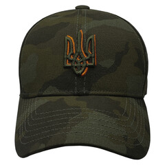 Camouflage Patriotic Cap with Ukrainian trident. This is the national coat of arms of Ukraine, not...