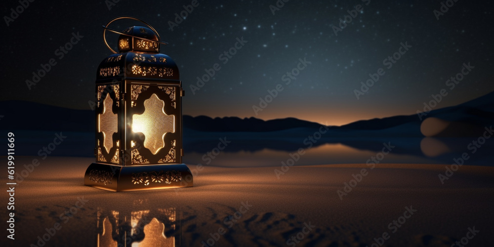 Wall mural Lantern with night light background for the muslim feast of the holy month of ramadan kareem