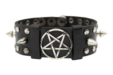 Black leather bracelet with spikes, holnitenes and a pentagram. An accessory for rockers, bikers,...